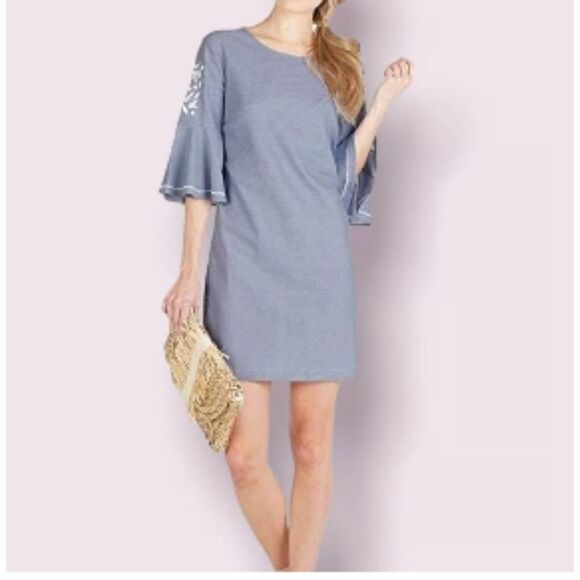 Mud Pie Chambray Blue 3/4 Embroidered Bell Sleeves Shift Dress Sz Small - Picture 2 of 12